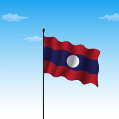 Waving flag of Laos. Illustration of Asian country flag on flagpole. Vector  isolated on blue background