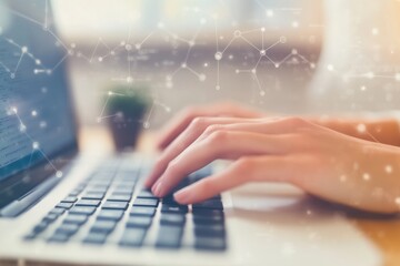 A person typing on a laptop with a digital overlay, suggesting technology and connectivity.