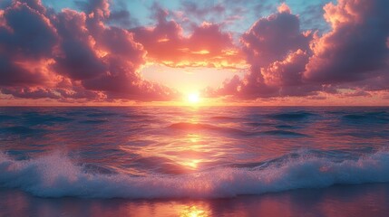 Serene sunset over ocean waves with vibrant clouds.