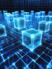 Fototapeta premium A digital representation of glowing blue cubes on a grid, suggesting technology and data.