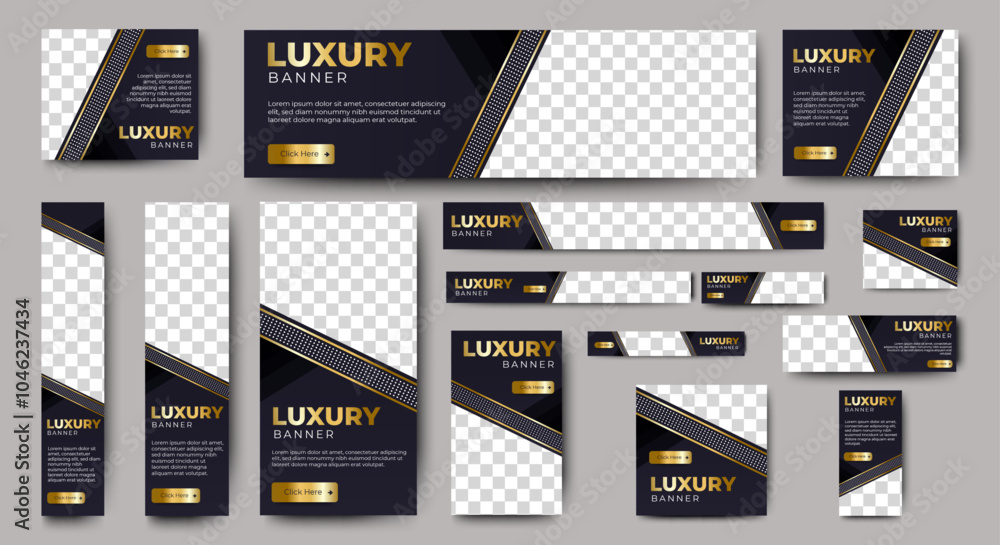 Wall mural template of black and gold banners of standard size for the web. design with triangular elements for