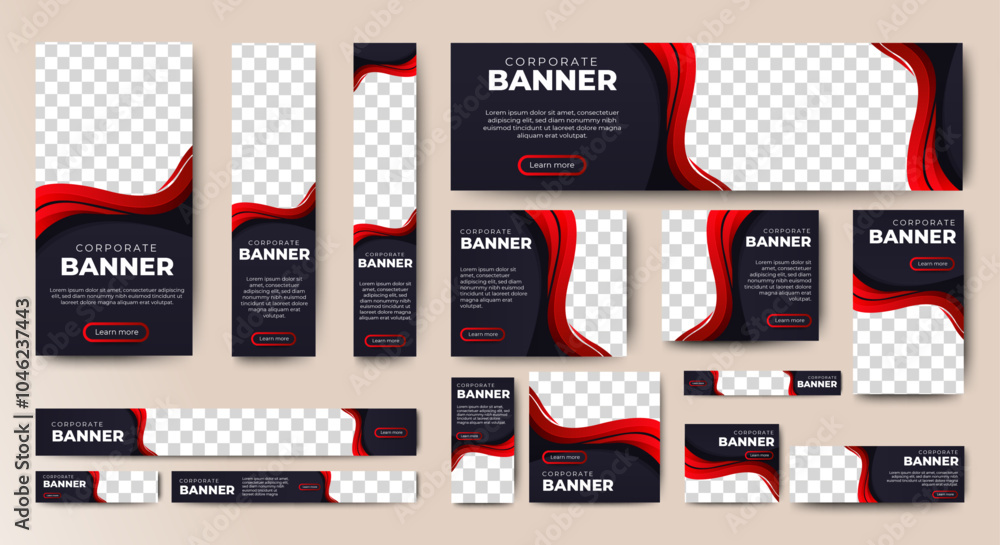 Poster set of vector black and red web banners of standard sizes with a place for photos. vertical and hori