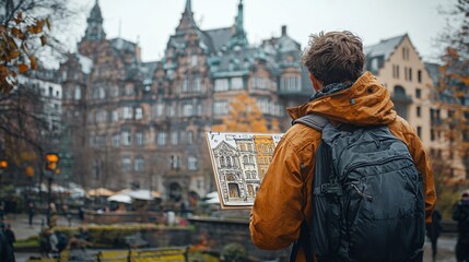 Obraz premium Tourist Exploring Old Town with City Map and Backpack