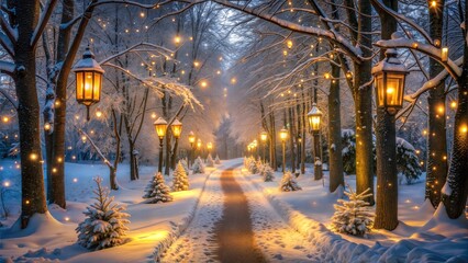  Snowy forest path lit by warm glowing streetlights at night