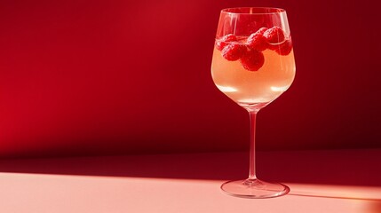 Refreshing Raspberry Cocktail in a Wine Glass on a Red Background