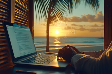 Fototapeta premium Joyful remote working in tropical paradise at sunset with ethnic minority individual
