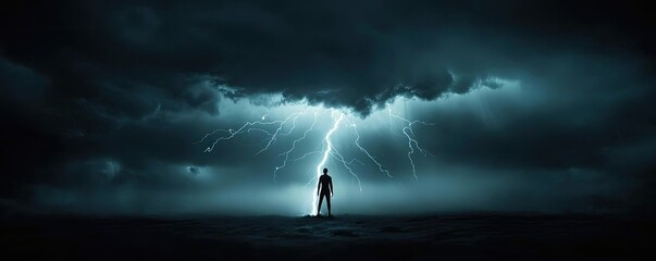 Person standing in storm, illuminated by lightning, dark moody atmosphere.