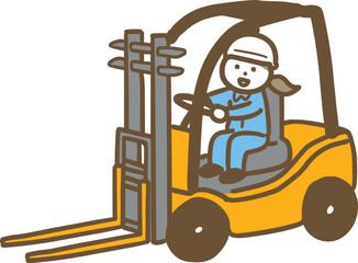 フォークリフトを運転している作業服の女性(全身)