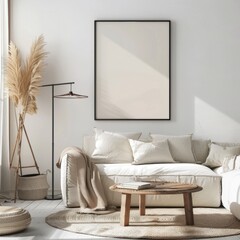 「白いソファとミニマルデザインのリビングルームインテリア。木製コーヒーテーブル。スタイリッシュなランプと白い壁に飾られたブランクフレーム」