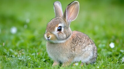 A cute rabbit sitting on lush green grass, showcasing its soft fur and alert expression.