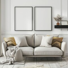 「快適なソファ、クッション、ブランケット、フローティングシェルフを備えたミニマルなリビングルームインテリア。白い壁に2つの空白の額縁を配置した3Dレンダリング」
