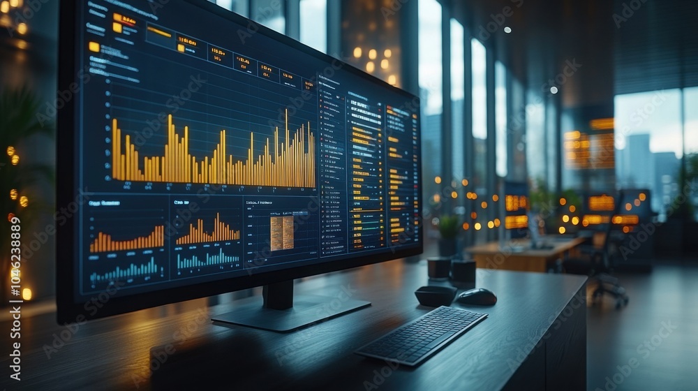Poster data analytics dashboard in a modern office setting.