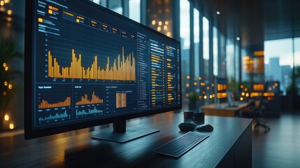 Data analytics dashboard in a modern office setting.