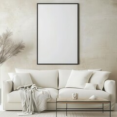 「白いソファ、枕、毛布、コーヒーテーブル、壁に飾られた白紙の写真立てのあるミニマルスタイルのリビングルームインテリア」