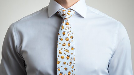 Man wearing a light blue shirt and a patterned tie.