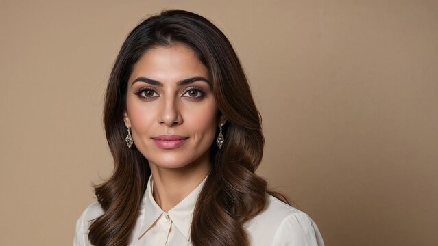 Frau Braune Haare, Creme Hintergrund, Haare Schulterlang, Brauner Taint