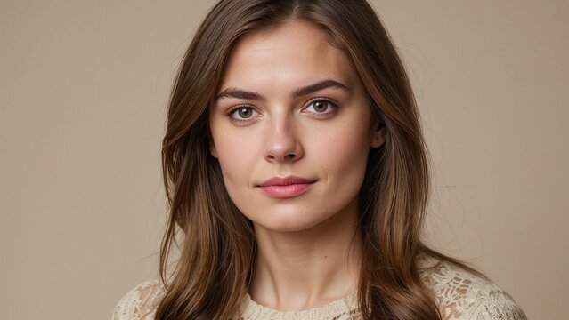 Frau Braune Haare, Creme Hintergrund, Haare Schulterlang, Brauner Taint