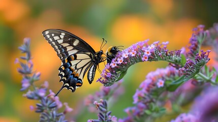 Naklejka premium A butterfly and a bumblebee collecting nectar together