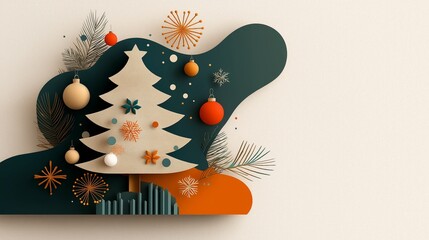 Naklejka premium Stylish Christmas tree decoration with ornaments and festive backdrop.