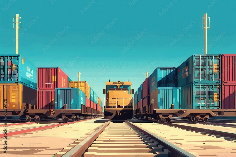 Poster the activity involves loading colorful shipping containers onto a train, illustrating the connection