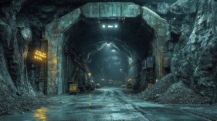 Dark, industrial tunnel with machinery and rocky walls.