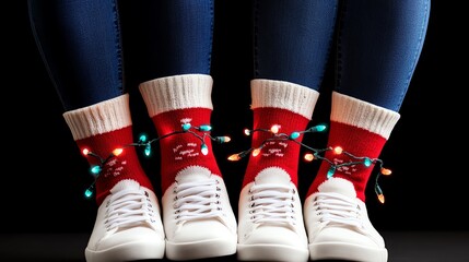 Red Christmas socks with lights on white shoes.