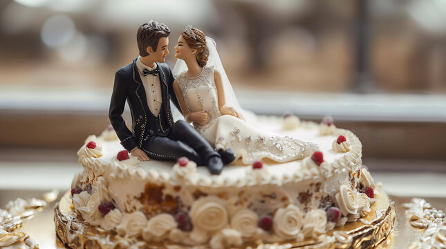 White wedding cake, bride and groom on fondant cake, romantic wedding background, decoration