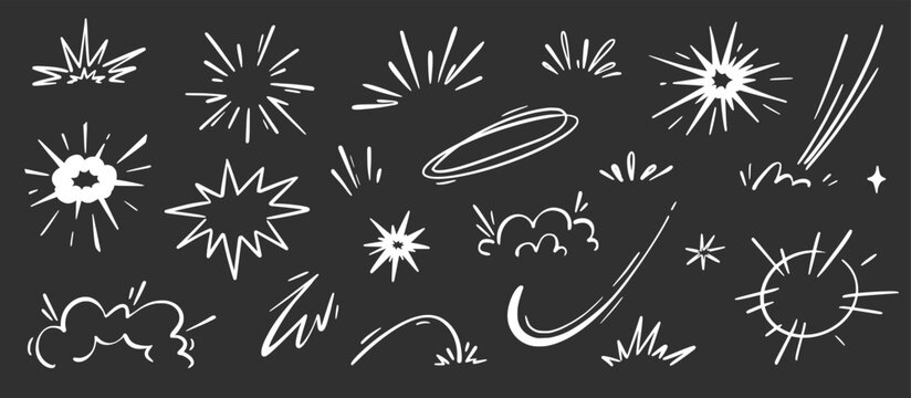 Comic cartoon boom speed effect, explosive motion line element set. Comic boom burst, explosive smoke, line speed cartoon chalkboard. Hand drawn sketch doodle action effect. Vector illustration.