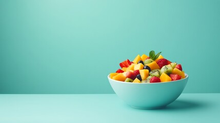 Fresh Fruit Salad in a Blue Bowl on a Turquoise Background