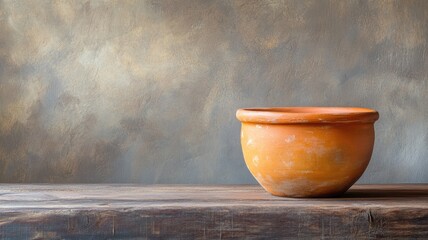 Rustic terracotta bowl on wooden surface against textured wall