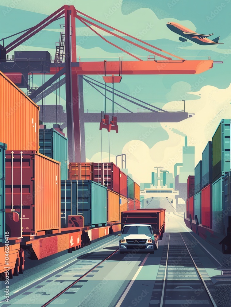 Poster Containers are being transferred from a truck to a train at a transport terminal, showcasing efficient logistics in action. Generative AI