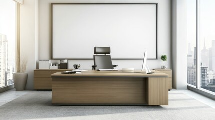 Modern office space featuring a desk, chair, and panoramic city view.