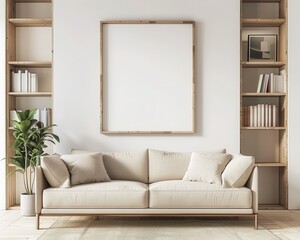 「モダンでミニマルなリビングルームに空白のフレームモックアップ。ベージュのソファ、木製シェルフ、緑の植物。3Dレンダリングイラスト」