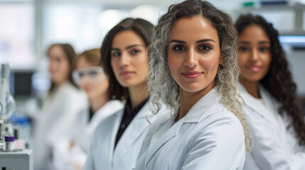 Fototapeta premium A group of professional women in STEM careers standing confidently, laboratory setting, representing science, technology, engineering, and math