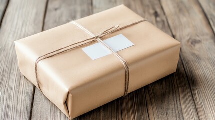 Brown package wrapped in twine on wood.