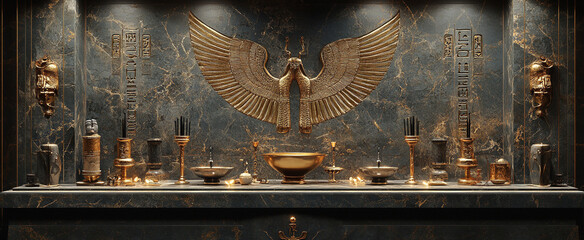 Inside of ancient ritual room of an egyptian pyramid, interiors interiors decorated with hieroglyphs and sacred symbols