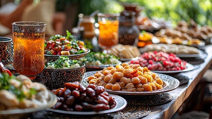 Obraz premium Delicious Middle Eastern Food Buffet with Dates Dried Fruit and Iced Tea