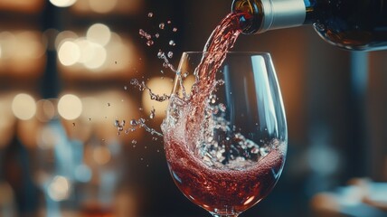 Red wine being poured into glass with bokeh background