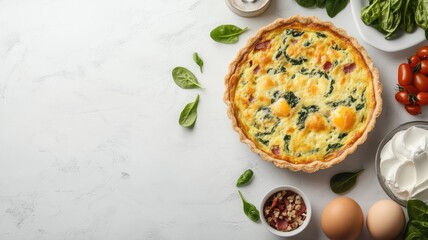 Spinach, cheese, and bacon quiche with fresh ingredients on light surface