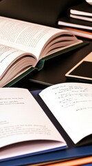 Obraz premium A collection of open books and notebooks on a desk, suggesting study or research activity.