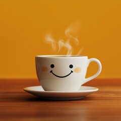 A cheerful coffee cup with a smiling face and steam against a warm background.