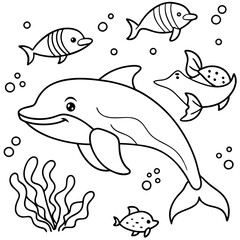 Whale dolphin and other sea fishes in sea coloring page illustration 