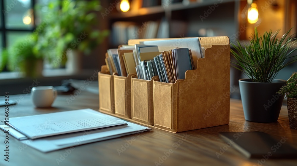 Poster organized workspace with a file holder and documents on a desk.