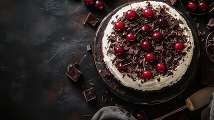 Rich chocolate cake topped with fresh cherries and shavings on dark background
