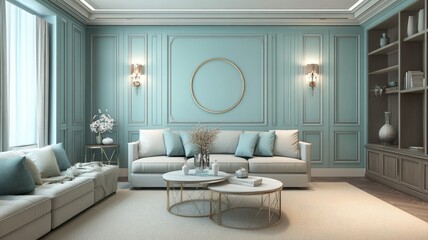 Elegant living room with light blue walls, chic decor, and modern furniture