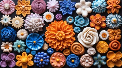 Colorful ceramic flower shapes on black background.
