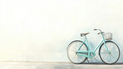 Elegant light blue bicycle with basket against white wall