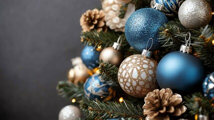 Close-up of blue and gold ornaments on a Christmas tree.