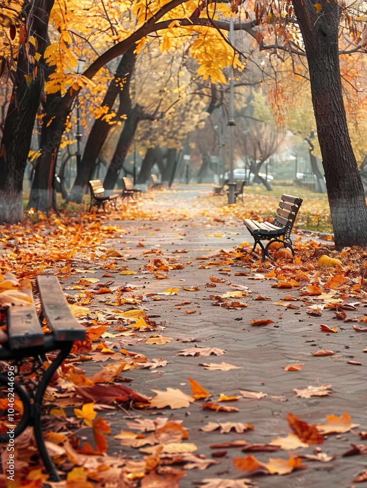 Poster pathways in an urban park are lined with colorful fallen leaves, inviting quiet reflection on benche