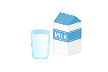 水彩風のコップに入った牛乳と牛乳パックのベクターイラスト
